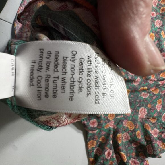 LC Lauren Conrad Green Pink floral BoHo peasant top Plus size XXL Tie Neck E U C - Picture 7 of 9